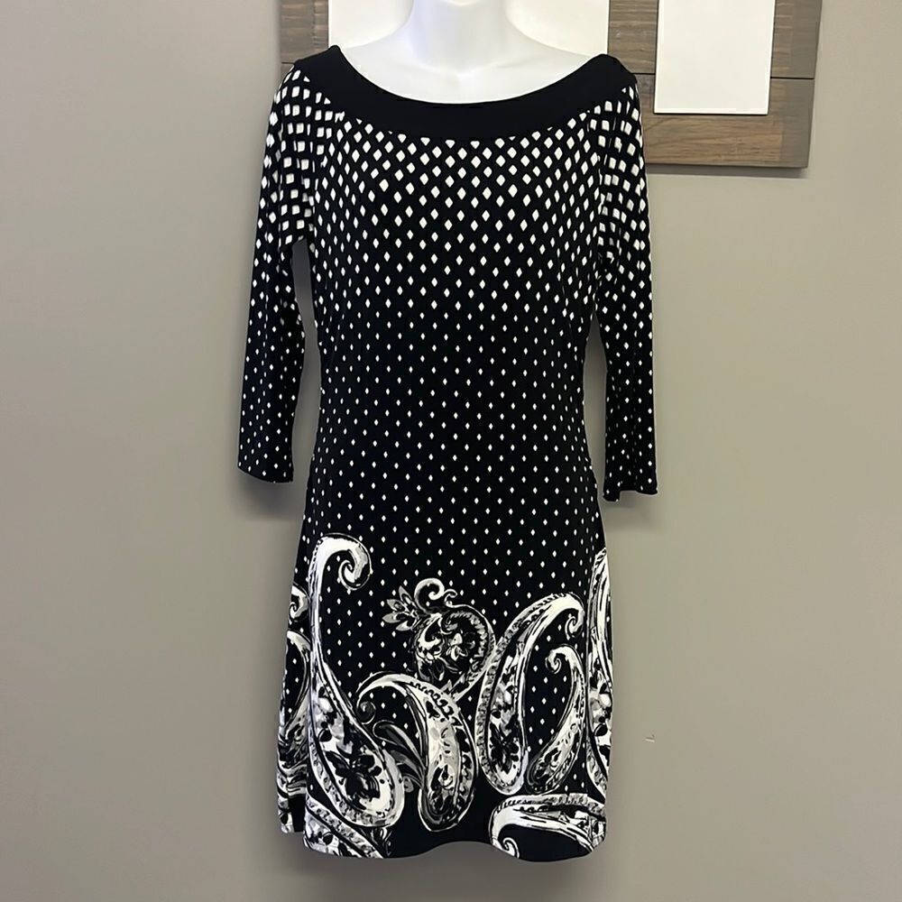 White House Black Market Black Gray and Cream Boatneck 3/4 Sleeves Dress- XS